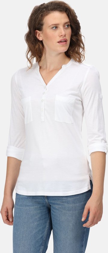 Het Regatta Fflur II T-shirt met omvouwbare mouwen - dames - V-hals - knopenlijst - Wit