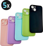 5 Pack - Hoesje Geschikt voor Apple iPhone 14 - 5x Siliconen Shock Proof Case - Stevige TPU Cover - Multipack met Groen, Zwart, Blauw, Roze en Paars