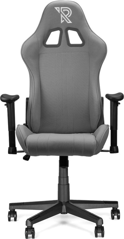 Grijze gaming stoel, recht van voren, met kussens, verstelbare rugleuning en het Ranqer logo.