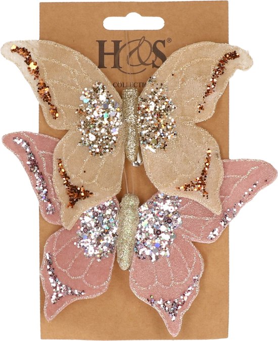 2x morceaux de décoration plastique papillons sur clip rose et beige 10 x 15 cm