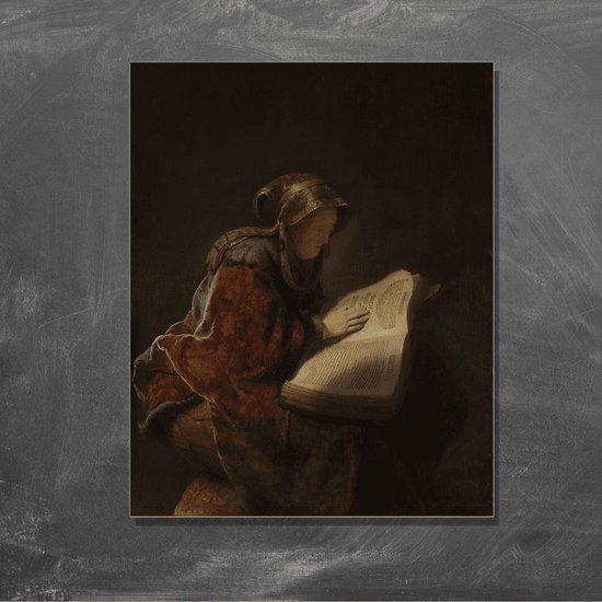 Wanddecoratie / Schilderij / Poster / Doek / Schilderstuk / Muurdecoratie / Fotokunst / Tafereel Oude lezende vrouw, waarschijnlijk de profetes Hanna - Rembrandt van Rijn gedrukt op Forex