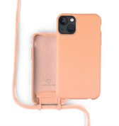 Silicone case met koord voor geschikt voor Apple iPhone 13 mini - hoesje met telefoonkoord - backcover - optimale bescherming - oranje