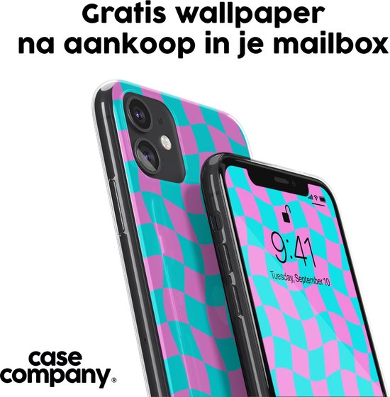Twee telefoonhoesjes met cyaan en roze geruite golfpatroon, één toont de tijd 9:41.
