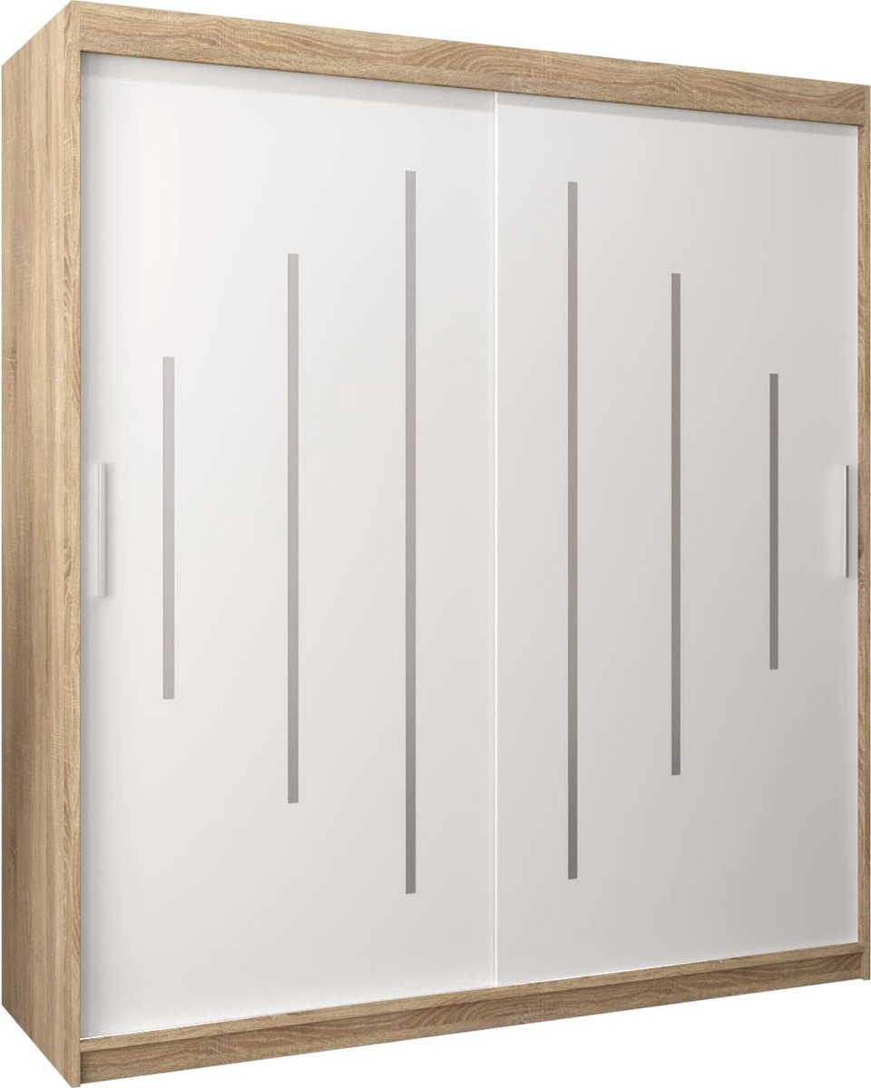 InspireME Kledingkast met 2 schuifdeuren, Modern-stijl, Een kledingkast met planken (BxHxD): 180x200x62 - MALTESE 180 Sonoma Eik + Wit Mat met 4 lades