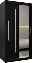 InspireMe - Kledingkast met 2 schuifdeuren, Modern-stijl, Een kledingkast met planken en een spiegel (BxHxD): 100x200x62 - MALTESE II 100 Zwart Mat met 2 lades