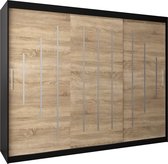 InspireMe - Kledingkast met 3 schuifdeuren, Modern-stijl, Een kledingkast met planken (BxHxD): 250x200x62 - MALTESE 250 Zwart Mat + Sonoma Eik met 4 lades