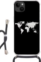 Geschikt voorApple Iphone 14 Plus - Crossbody Case - Wereldkaart - Patronen - Zwart - Siliconen - Crossbody - Backcover met Koord - Telefoonhoesje met koord - Hoesje met touw