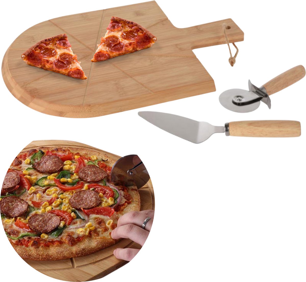 Cheqo® Pizza Snijplank - Pizza Set - Pizza Serveerset - Met Pizzasnijder en Spatel - Pizza Snijder - RVS - Duurzaam Bamboe - 43x30x1.5cm
