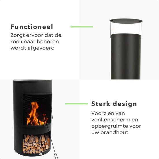 Zwarte, cilindervormige tuinhaard met brandend vuur, gaasdeur en vak voor hout. Bovenop de schoorsteen een deksel.