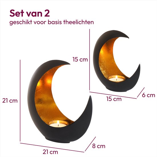 Dimensions des deux bougeoirs lune noirs, l'un de 21 cm de haut, l'autre de 15 cm de haut.