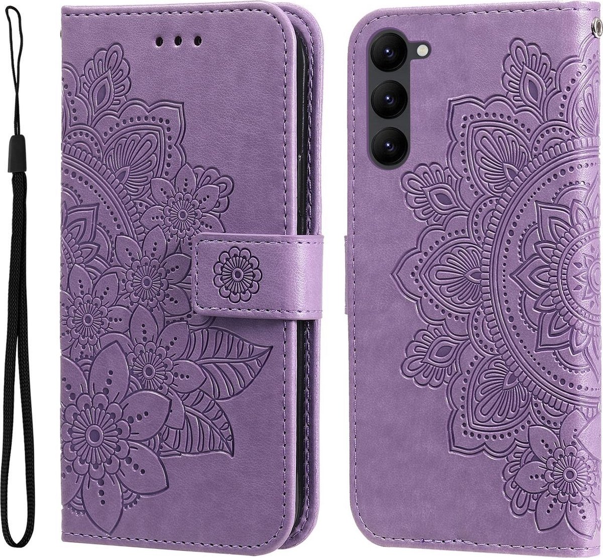 Mobigear Telefoonhoesje geschikt voor Samsung Galaxy S23 Hoesje | Mobigear Flowers Bookcase Portemonnee | Pasjeshouder voor 2 Pasjes | Telefoonhoesje voor Pinpas / OV Kaart / Rijbewijs - Paars