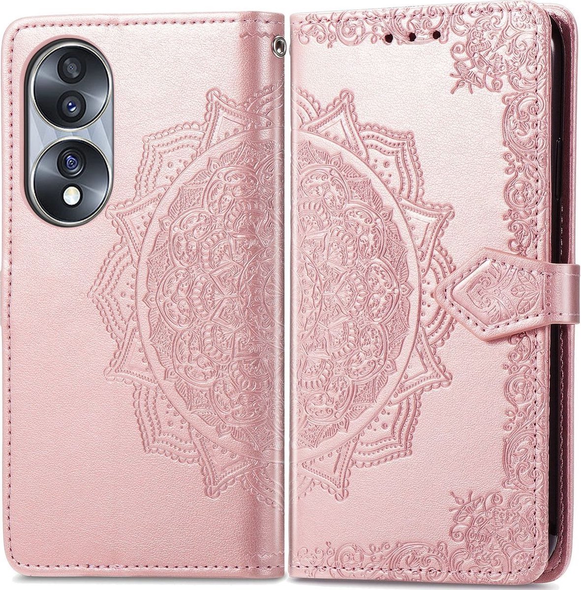 Mobigear Telefoonhoesje geschikt voor HONOR 70 Hoesje | Mobigear Mandala Bookcase Portemonnee | Pasjeshouder voor 3 Pasjes | Telefoonhoesje voor Pinpas / OV Kaart / Rijbewijs - Roségoud