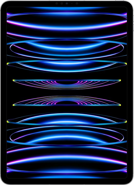 Zilverkleurige iPad Pro met een scherm vol abstracte, blauw-paarse gloeiende cirkels.