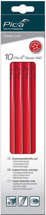 Verpakking met 10 rode timmermanspotloden, ovaal, Pica Classic 540.