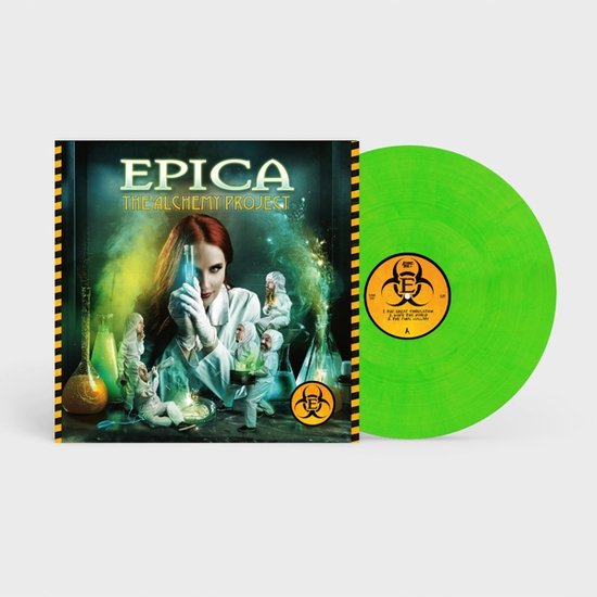EPICA The Alchemy Project albumhoes met groene LP. De hoes toont een vrouw in laboratoriumjas met proefbuizen.