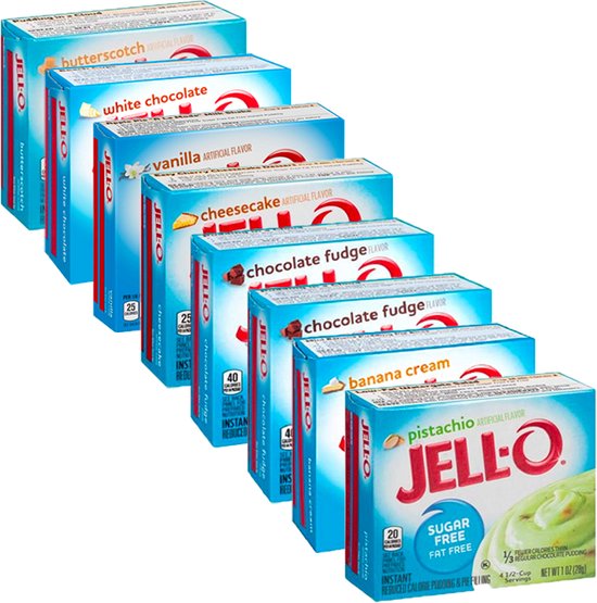 Jello Mix Suikervrije Pudding Voordeelpakket 8 x 28 gram bol