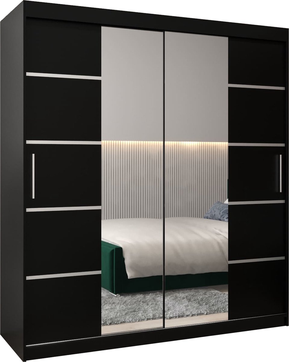 AJE Meubles B.V. InspireMe - Kledingkast met 2 schuifdeuren, Modern-stijl, Kledingkast met planken (BxHxD): 180x200x62 - VENTILA IV 180 Zwart Mat met 4 lades