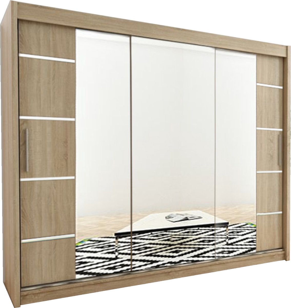 AJE Meubles B.V. InspireMe - Kledingkast met 3 schuifdeuren, Modern-stijl, Kledingkast met planken (BxHxD): 250x200x62 - VENTILA IV 250 Sonoma Eik mat 4 lades