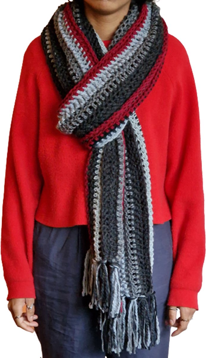 Toetie & Zo Handgemaakte Sjaal - Bohemian - Multicolor - Zwart - Grijs - Rood - Gehaakt
