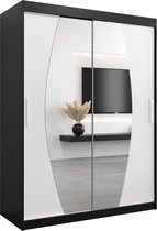 InspireMe - Kledingkast met 2 schuifdeuren, Modern-stijl, Een kledingkast met planken en een spiegel (BxHxD): 150x200x62 - GLOBE 150 Zwart Mat + Wit Mat