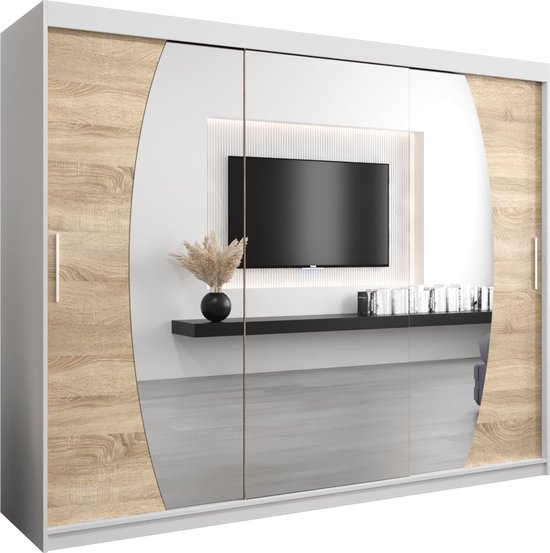 InspireMe - Kledingkast met 3 schuifdeuren, Modern-stijl, Een kledingkast met planken en een spiegel (BxHxD): 250x200x62 - GLOBE 250 Wit Mat + Sonoma Eik mat 4 lades
