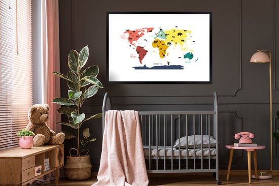 Wereldkaart Enfants - Animaux - Couleurs - Affiche scolaire - Chambre d'enfants - 120x80 cm