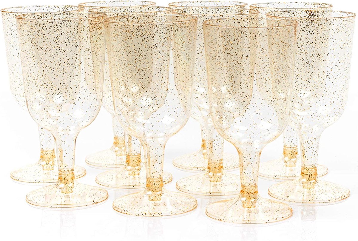  MATANA 50 Gold Glitter Goblet Plastic Wine Glasses for