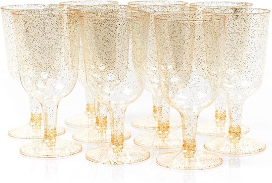 MATANA 50 Plastic Wijnglazen met Gouden Glitter voor Bruiloften, Verjaardagen, Kerstmis & Feesten, 150ml - Elegant, Herbruikbaar & Stevig