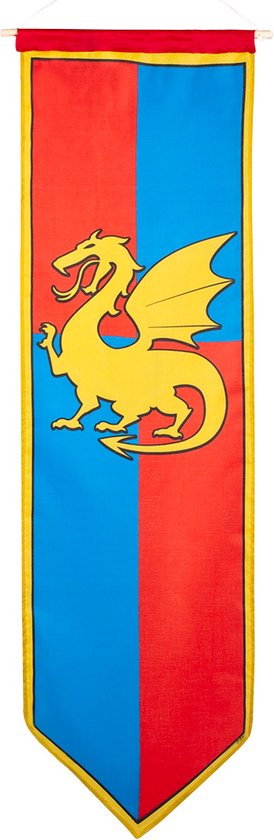 Een ridderbanier met een gele draak op een rood-blauwe achtergrond, verdeeld in vierkanten.