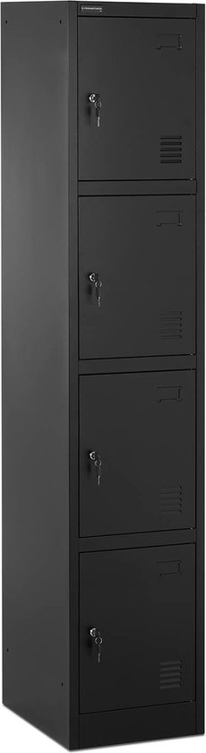 Zwarte lockerkast met 4 afsluitbare deuren en ventilatie, 185 cm hoog.