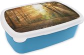 Broodtrommel Blauw - Lunchbox - Brooddoos - Bos - Herfst - Zon - Landschap - Natuur - Bomen - Bladeren - 18x12x6 cm - Kinderen - Jongen