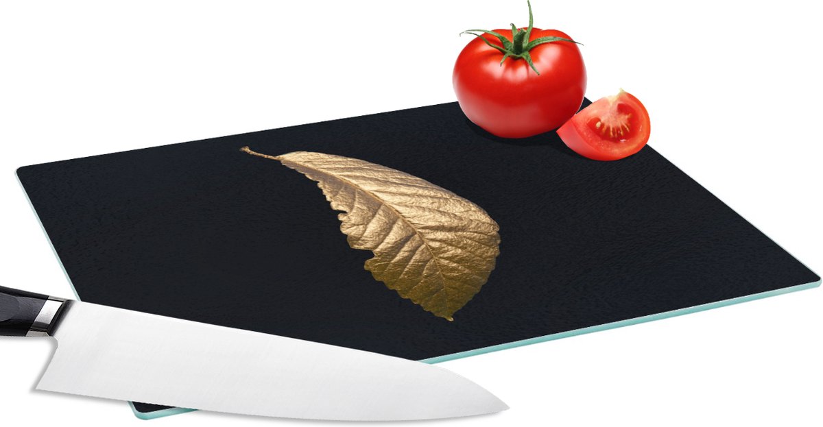 Glazen Snijplank - 28x20 - Bladeren - Luxe - Goud - Zwart - Natuur - Snijplanken Glas