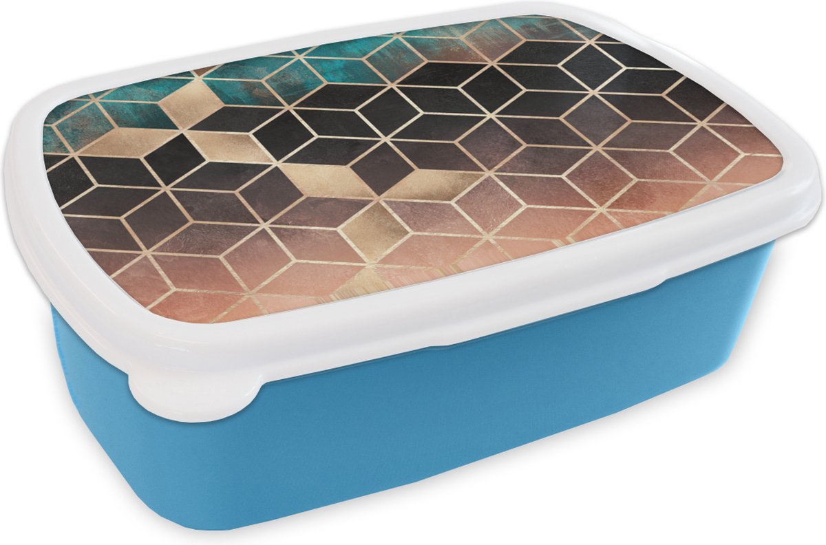 Broodtrommel Blauw - Lunchbox - Brooddoos - Abstract - Kubus - Goud - Patronen - Luxe - 18x12x6 cm - Kinderen - Jongen