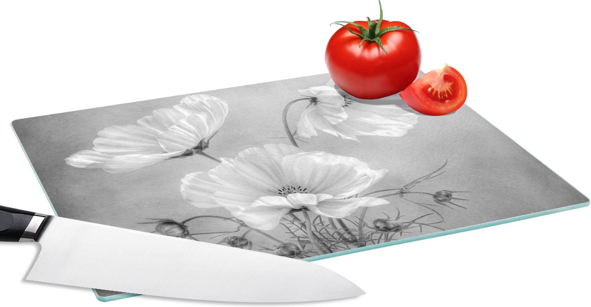 Glazen Snijplank - 28x20 - Stilleven - Bloemen - Zwart wit - Klaproos - Botanisch - Snijplanken Glas