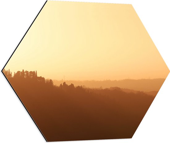 WallClassics - Dibond Hexagon - Mistig Heuvel Landschap met Opkomende Zon - 60x52.2 cm Foto op Hexagon (Met Ophangsysteem)
