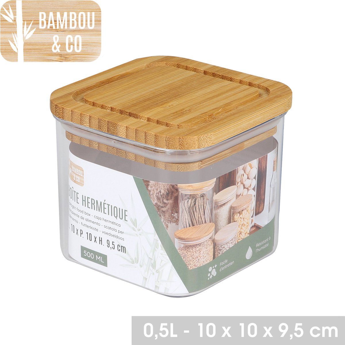 Bambou & Co - glazen pot met deksel - bambou - voorraadpot - glas - voedselcontainer - 0,5 liter 10x10x9,5cm