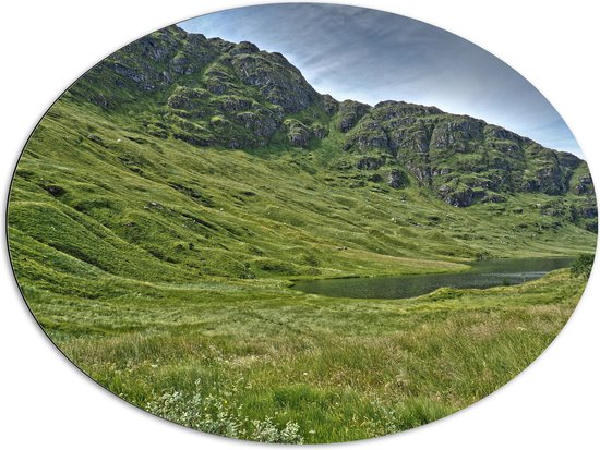 WallClassics - Dibond Ovaal - Bergen met Gras en Meertje - 96x72 cm Foto op Ovaal (Met Ophangsysteem)