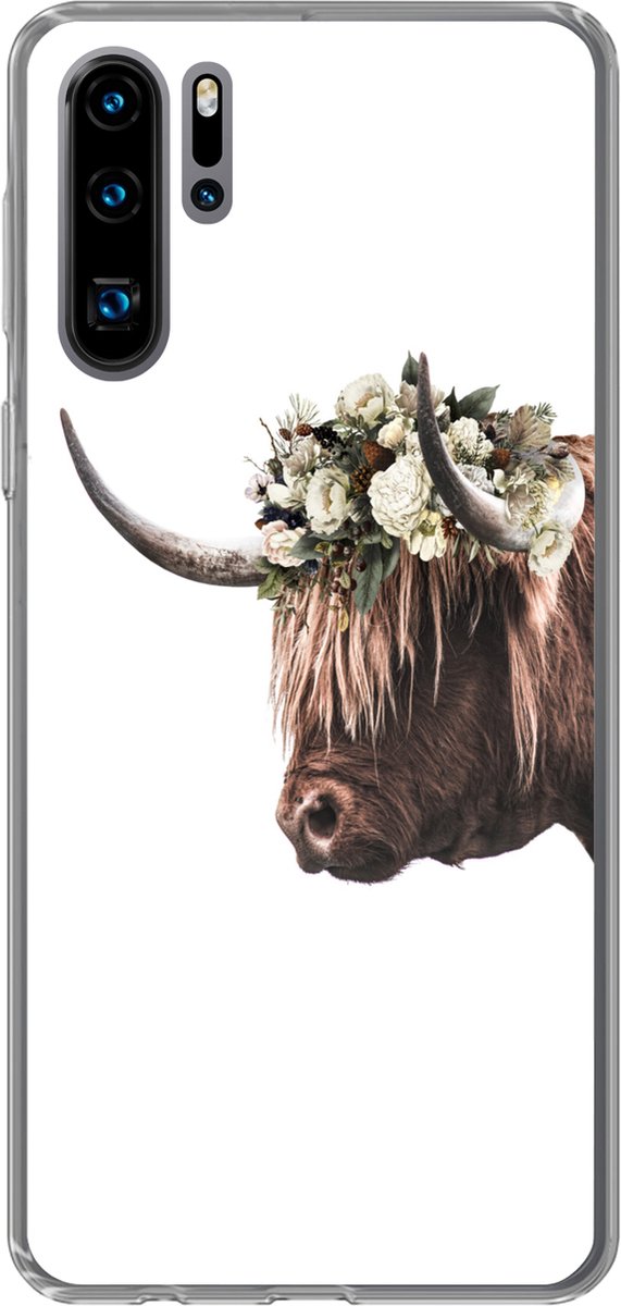 Geschikt voor Huawei P30 Pro hoesje - Schotse hooglander - Koe - Rozen - Siliconen Telefoonhoesje