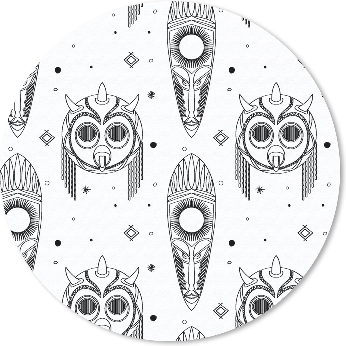 Muismat rond 20x20 cm - Mousepad Maya - Maskers - Zwart-Wit - Patroon - Ronde muismatten