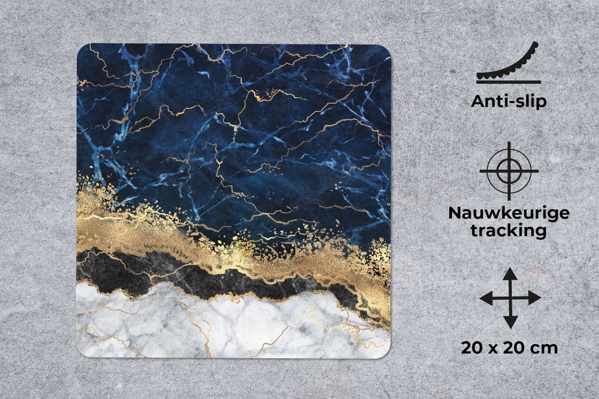 Muismat 20x20 cm - Mousepad Marmer - Wit - Goud - Luxe - Muismatten