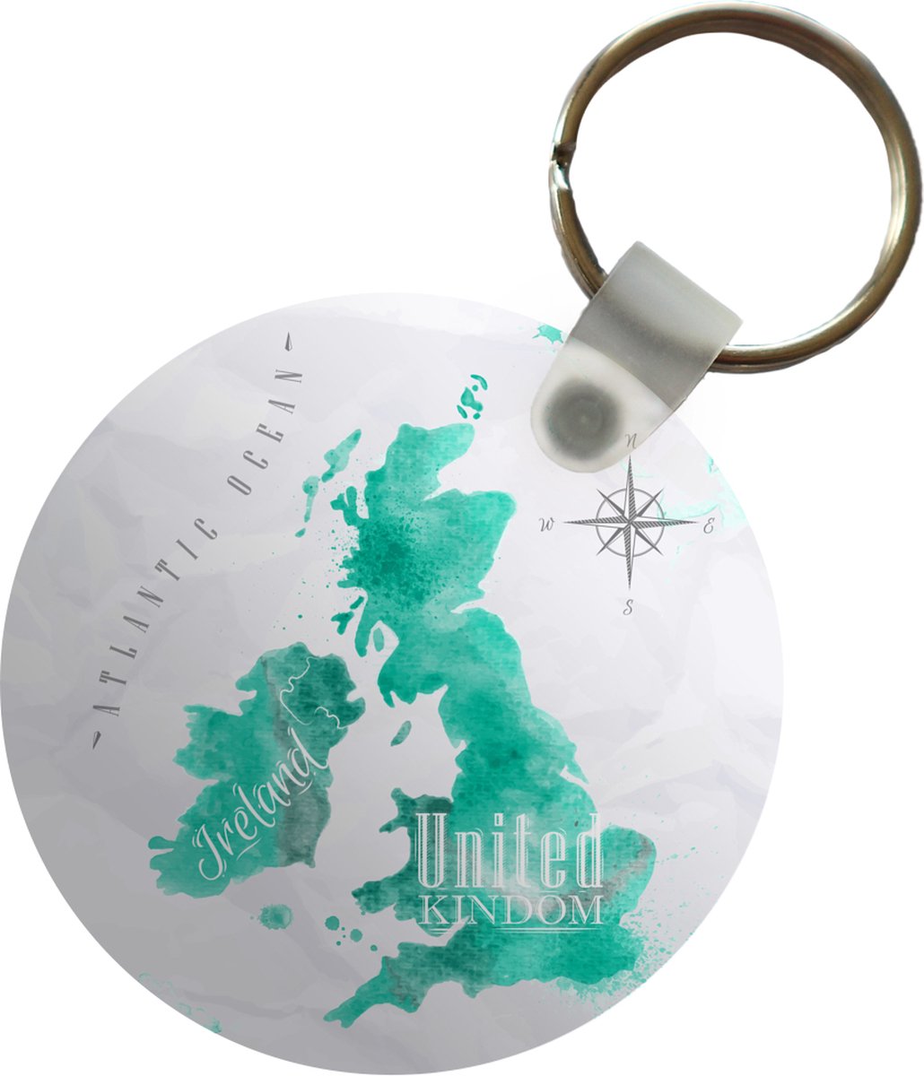 Sleutelhanger - Waterverf - Wereldkaart - Engeland - Plastic - Rond - Uitdeelcadeautjes