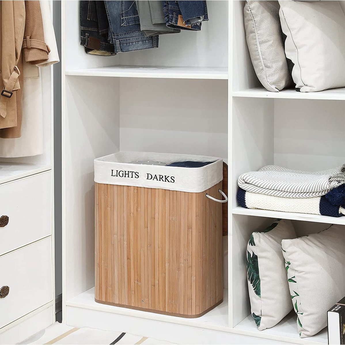 Wasmand met 2 Compartimenten 100L - Bamboe Houten Wasmand voor Vuile Was - Lichtgrijs | bol