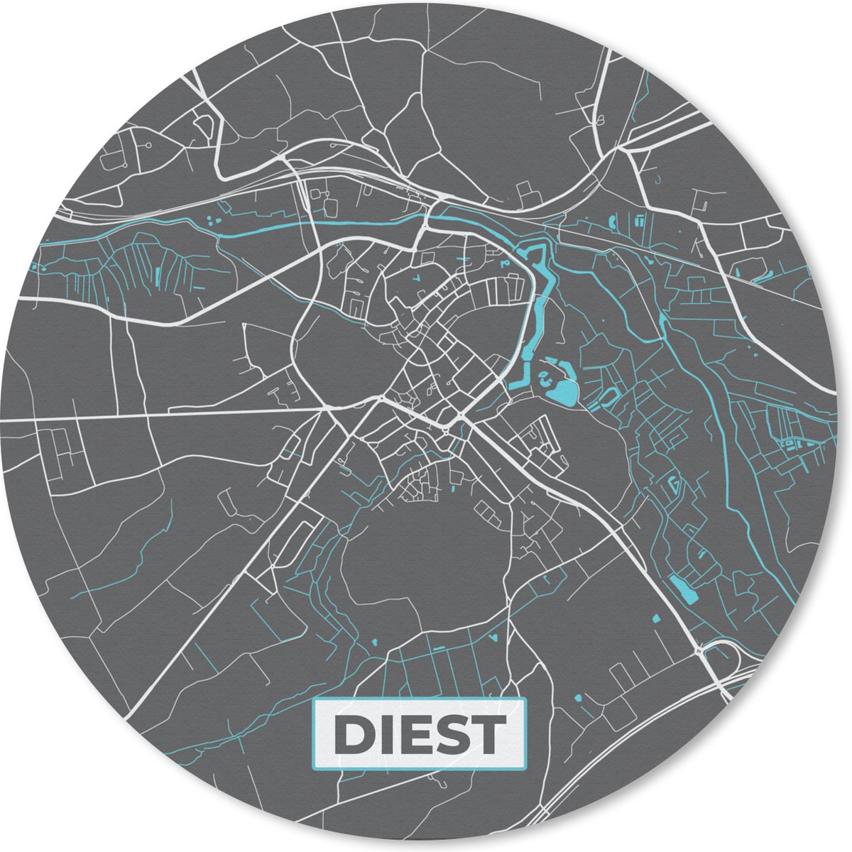 Muismat rond 50x50 cm - Mousepad Stadskaart – Grijs - Kaart – Diest – België – Plattegrond - Ronde muismatten - Stadskaart