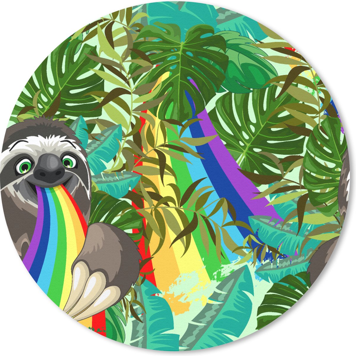 Muismat rond 50x50 cm - Mousepad Luiaard - Regenboog - Bladeren - Patronen - Ronde muismatten
