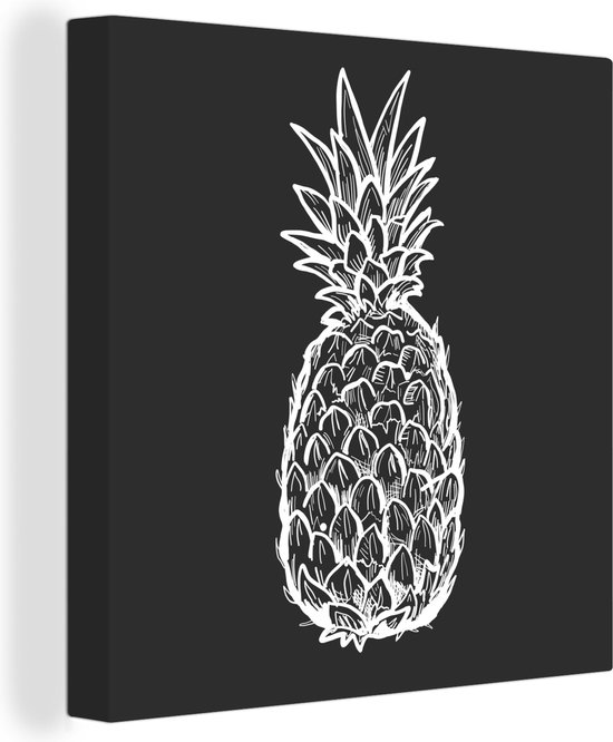 Canvas Schilderij Illustratie van een ananas in zwart-wit - 90x90 cm Wanddecoratie |
