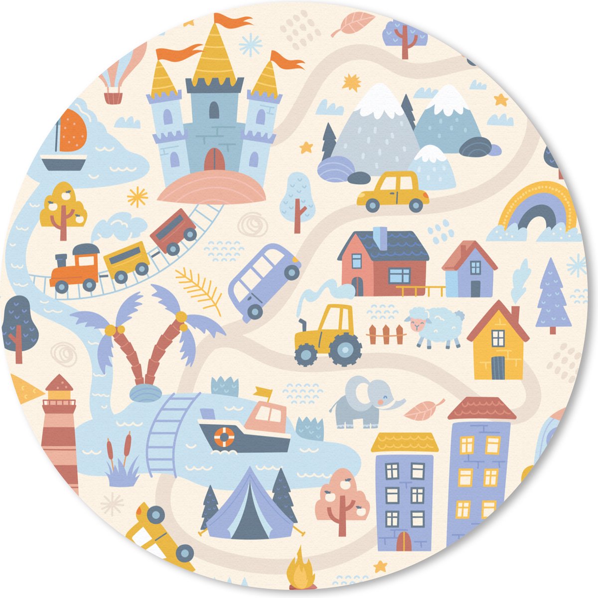 Muismat rond 40x40 cm - Mousepad Kinderen - Auto - Kasteel - Wegen - Ronde muismatten