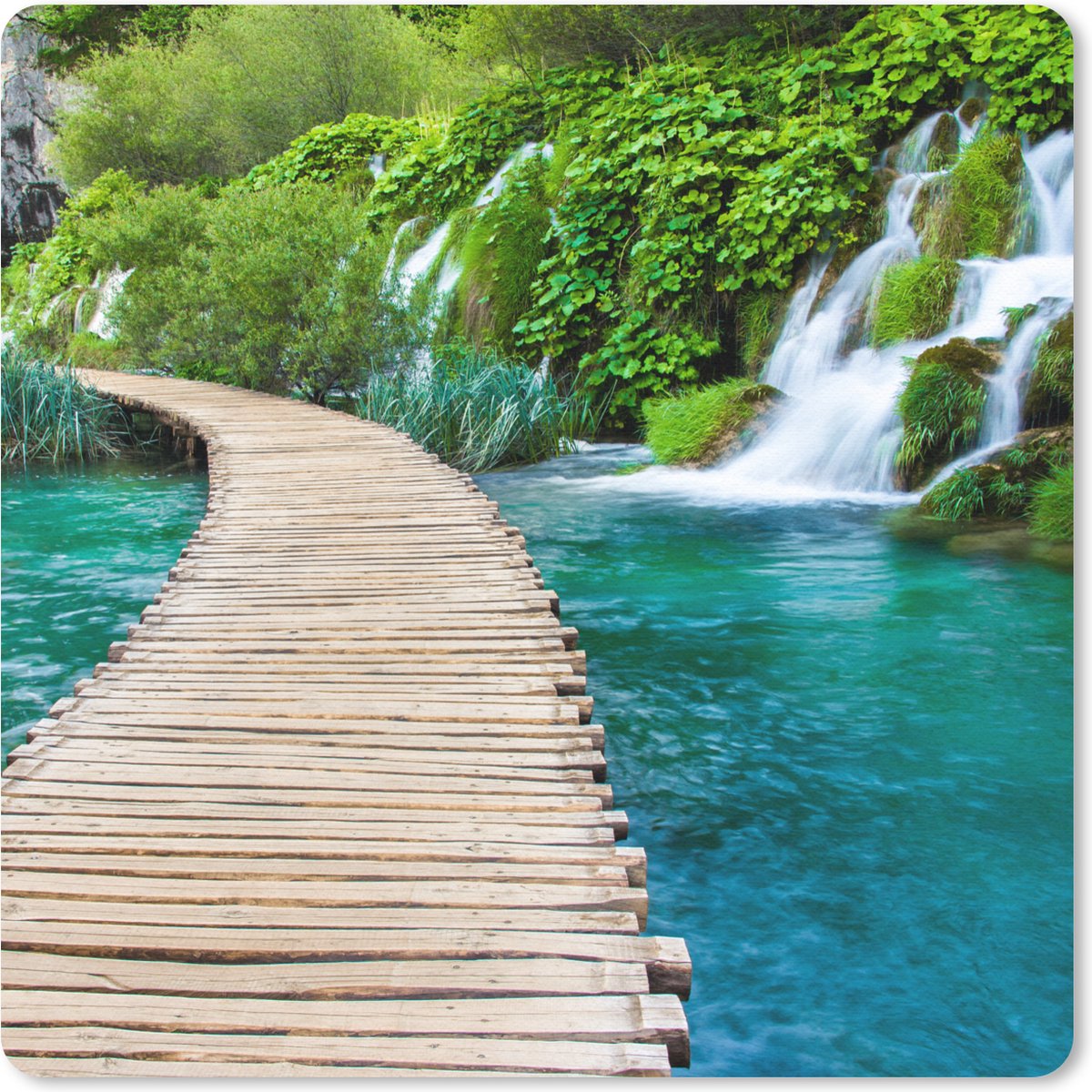 Muismat 20x20 cm - Mousepad Brug - Water - Planten - Waterval - Groen - Muismatten