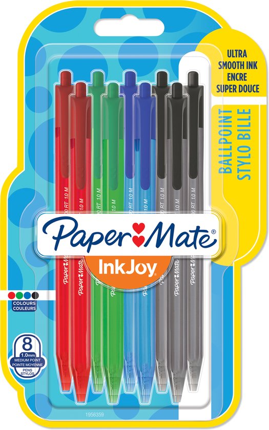 Paper Mate InkJoy 100RT intrekbare balpennen | Medium punt (1,0 mm) | Zwart, Blauw, Rood en Groen | 8 stuks