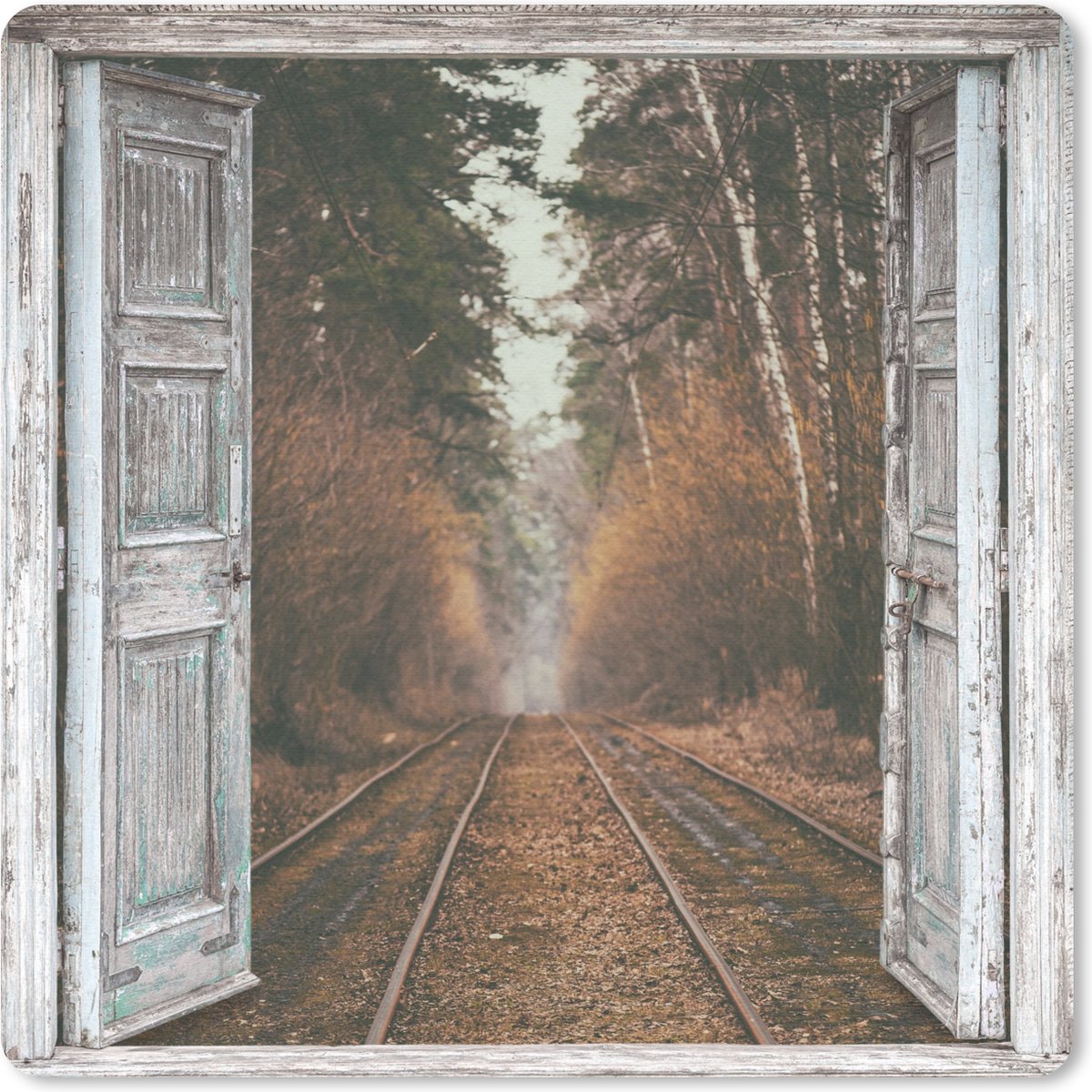 Muismat 30x30 cm - Mousepad Treinrails - Herfst - Doorkijk - Bos - Muismatten