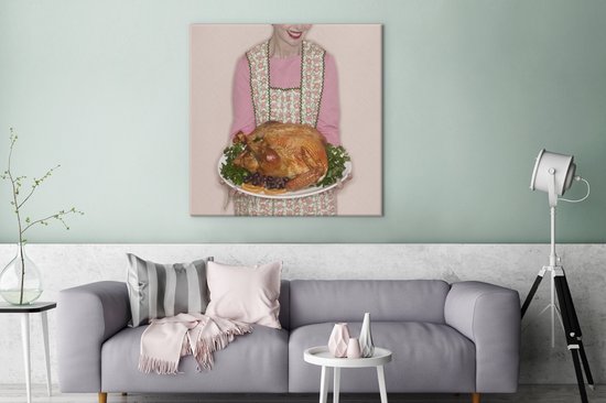 Une femme avec une dinde pour le dîner de Thanksgiving toile 90x90 cm - Tirage photo sur toile (Décoration murale salon / chambre)
